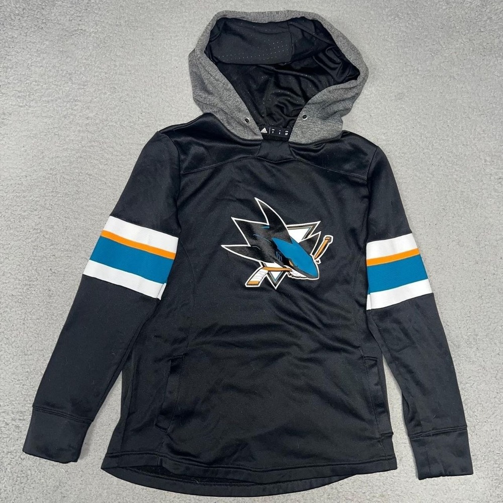 adidas San Jose Sharks Hoodie Men's Sz S Black Pullover Sweatshirt NHL Hockey